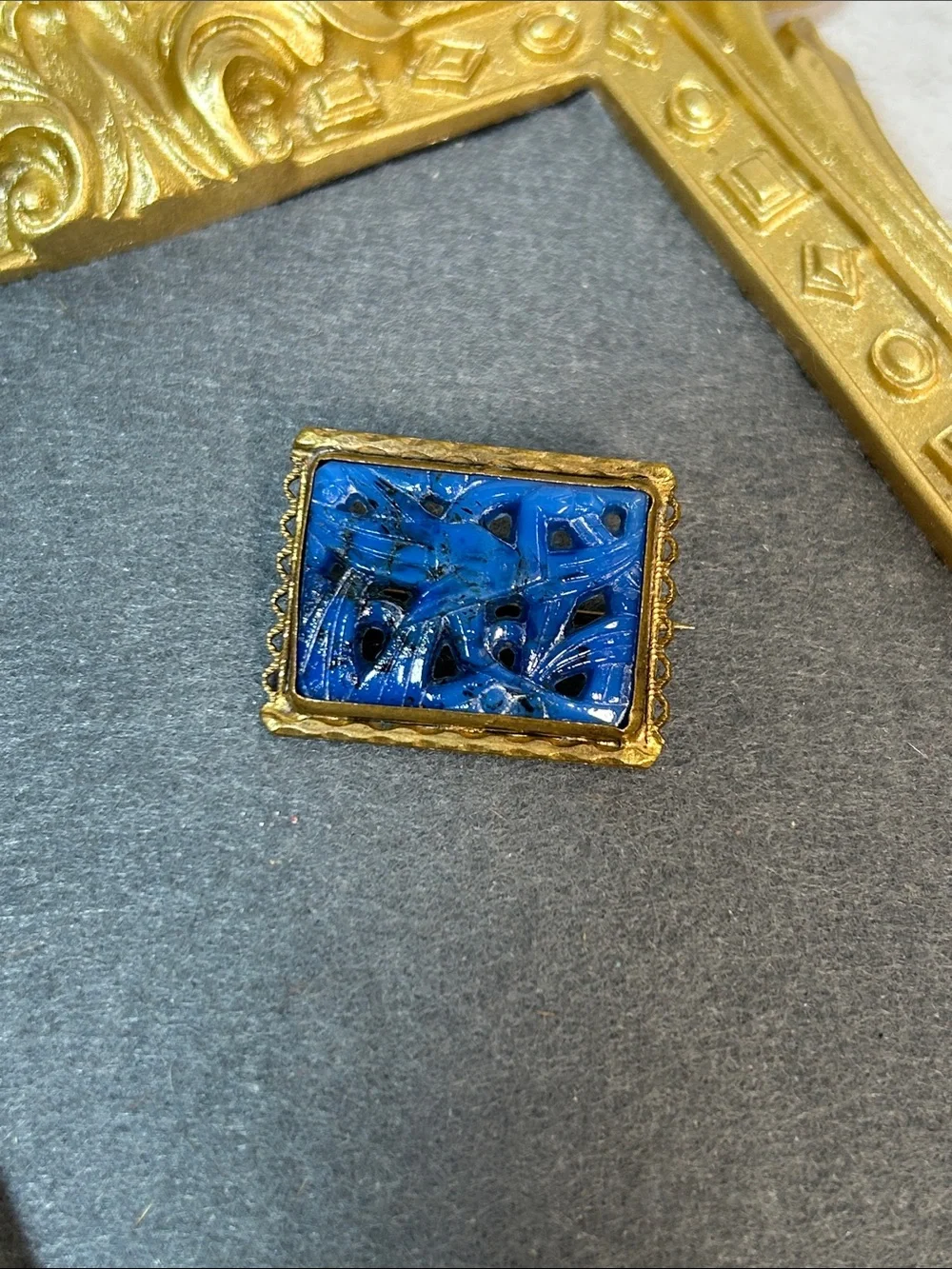 Vintage Blue Glass & Gold Tone Rectangular Pin Featuring a carved bird